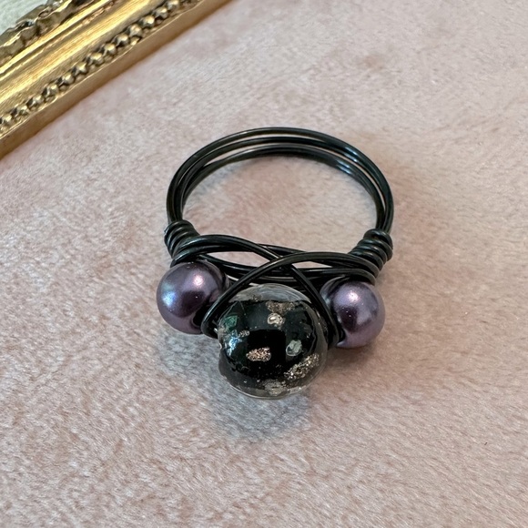 Handmade Wire Wrapped Ring Black Lampwork Glass Purple Pearls Metal Hand Done - Picture 5 of 9